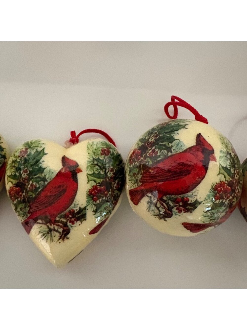 Old Fashioned Christmas Red Cardinal Paper Mache Currier Ives Ornaments Lot VTG